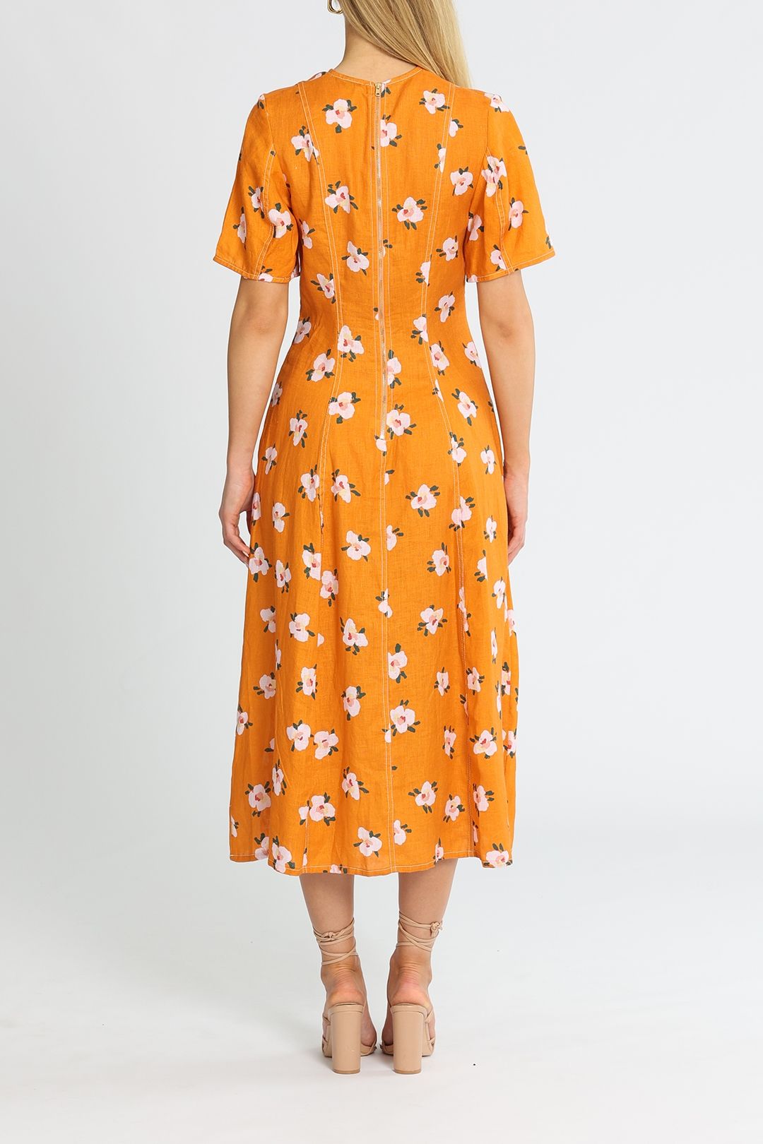 Kate Sylvester Colette Midi Dress in Orange Short Sleeve