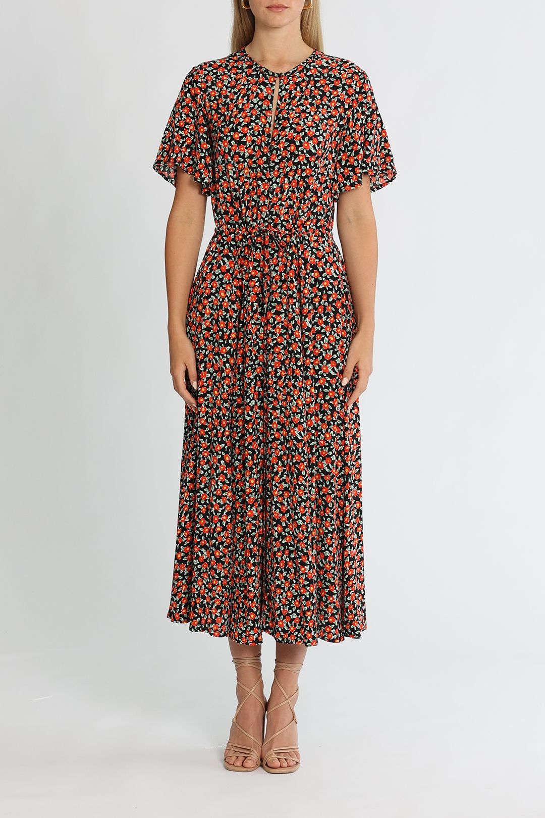 Kate Sylvester Geraniums Short Sleeve Midi Dress Red