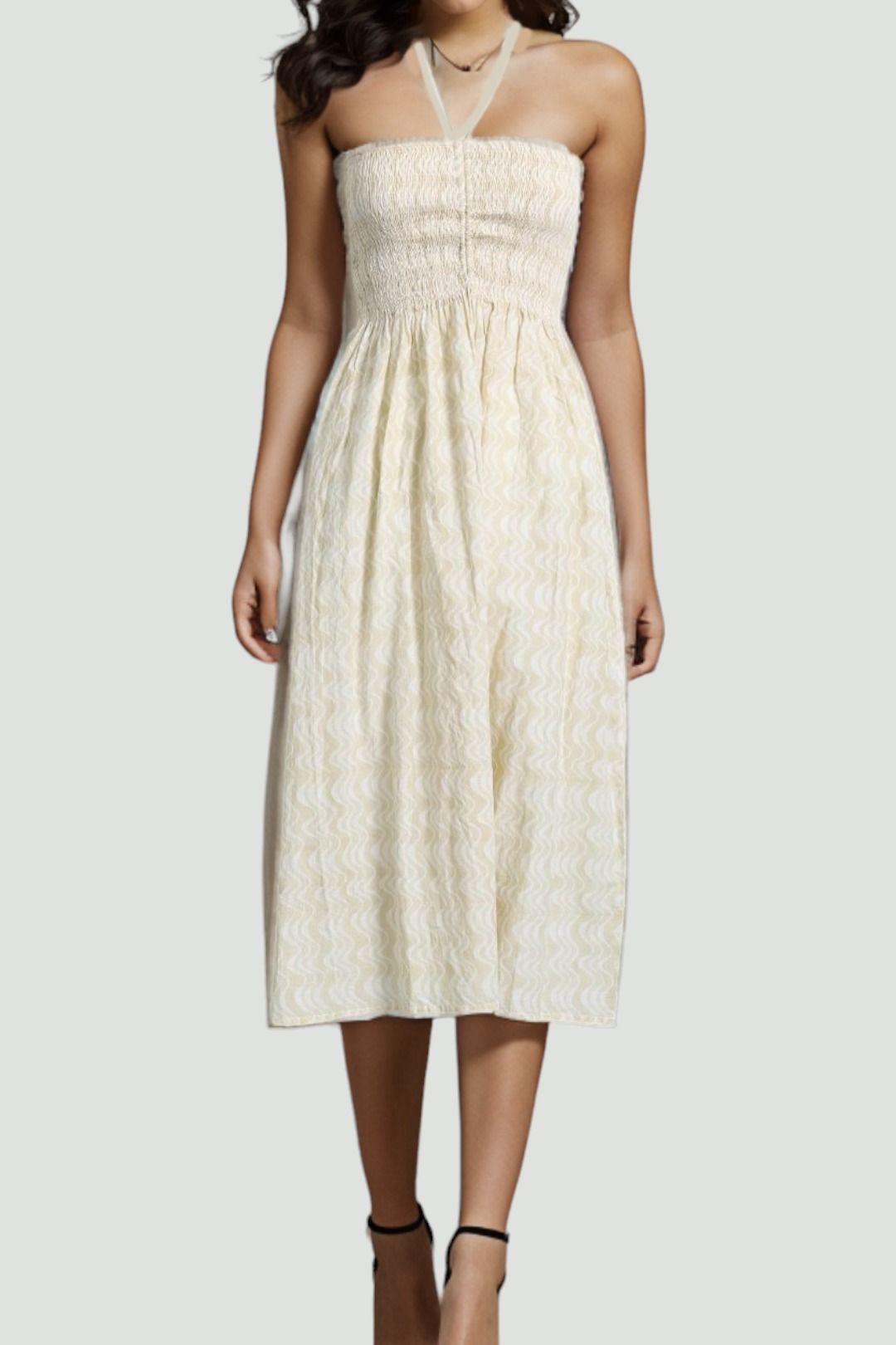 Kinga Csilla Beige Wave Pattern Halter Dress