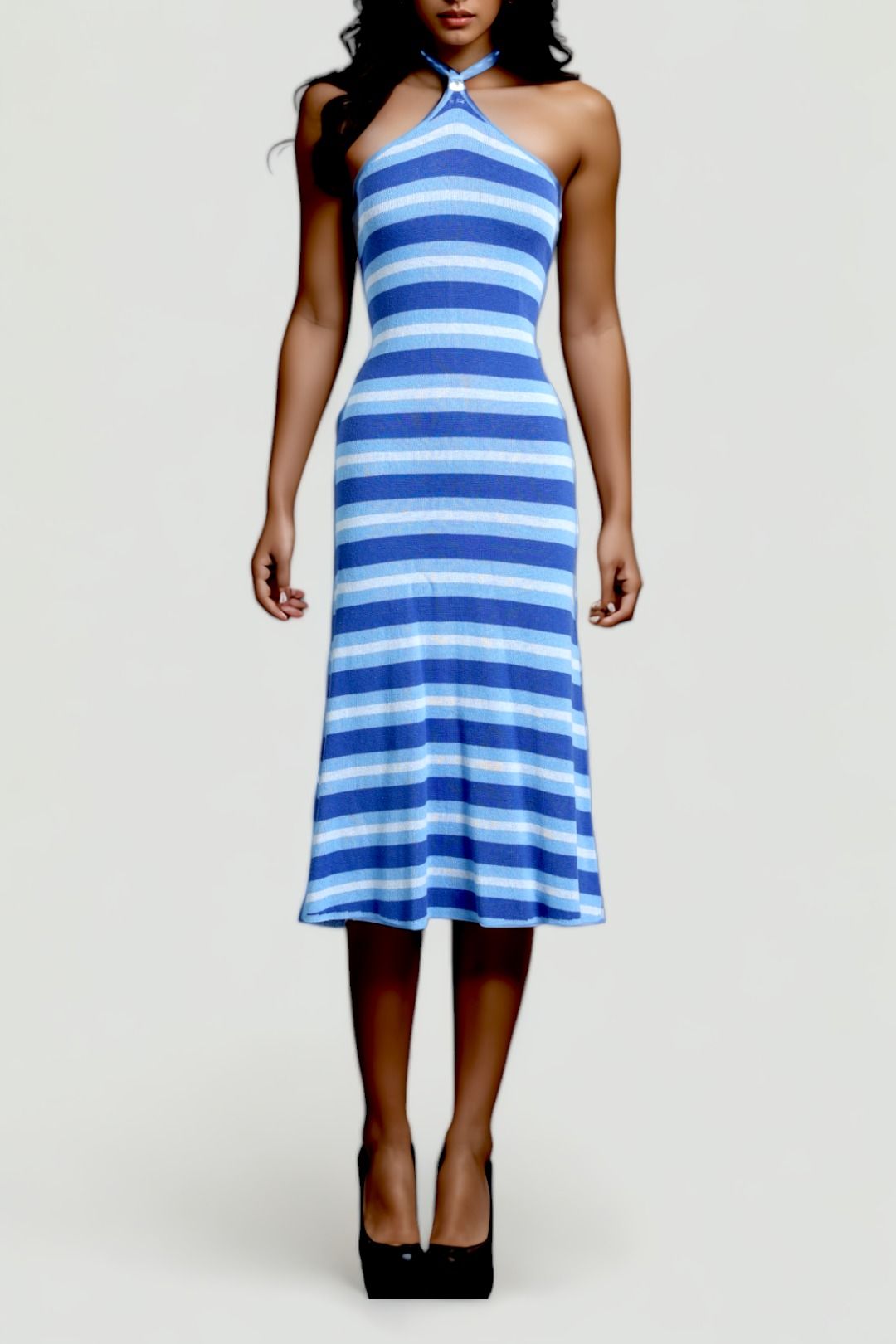 Kinga Csilla Striped Blue Knit Halter Dress