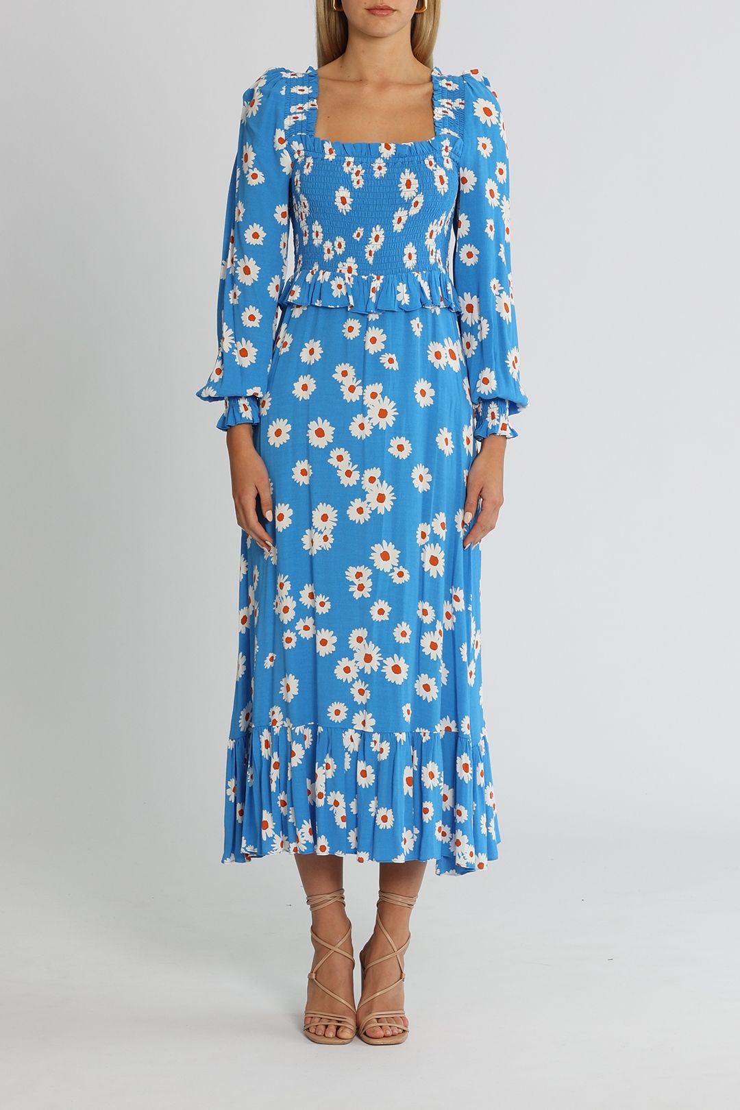 Hire Lauren Smocked Dress in Blue Daisy | KITRI | GlamCorner