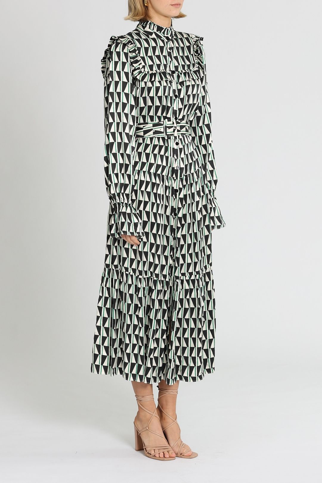 Kitri Mandy Green Tile Print Maxi Dress Long Sleeves