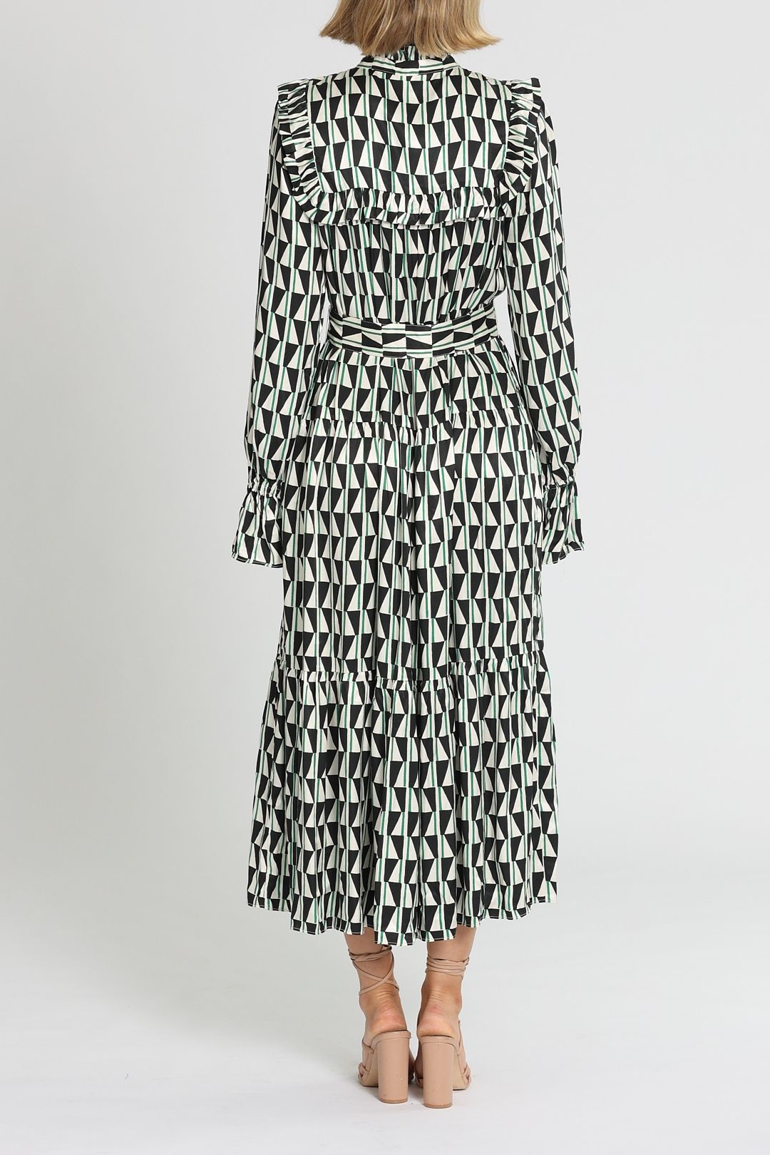 Kitri Mandy Green Tile Print Maxi Dress Ruffle