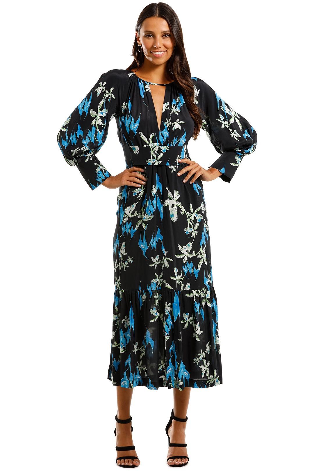 KITX Restoration Blue Midi Dress Floral Print V Neck