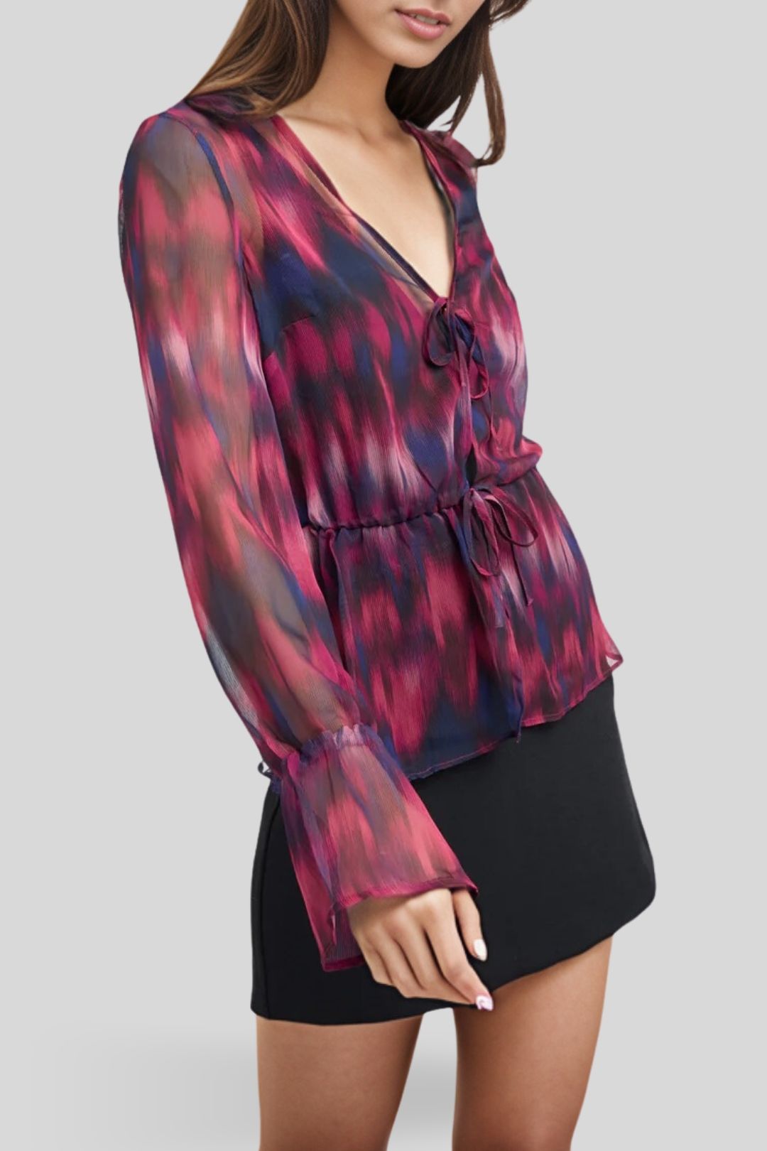 Kookai Bryn Tie Front Top - Berry V Neck