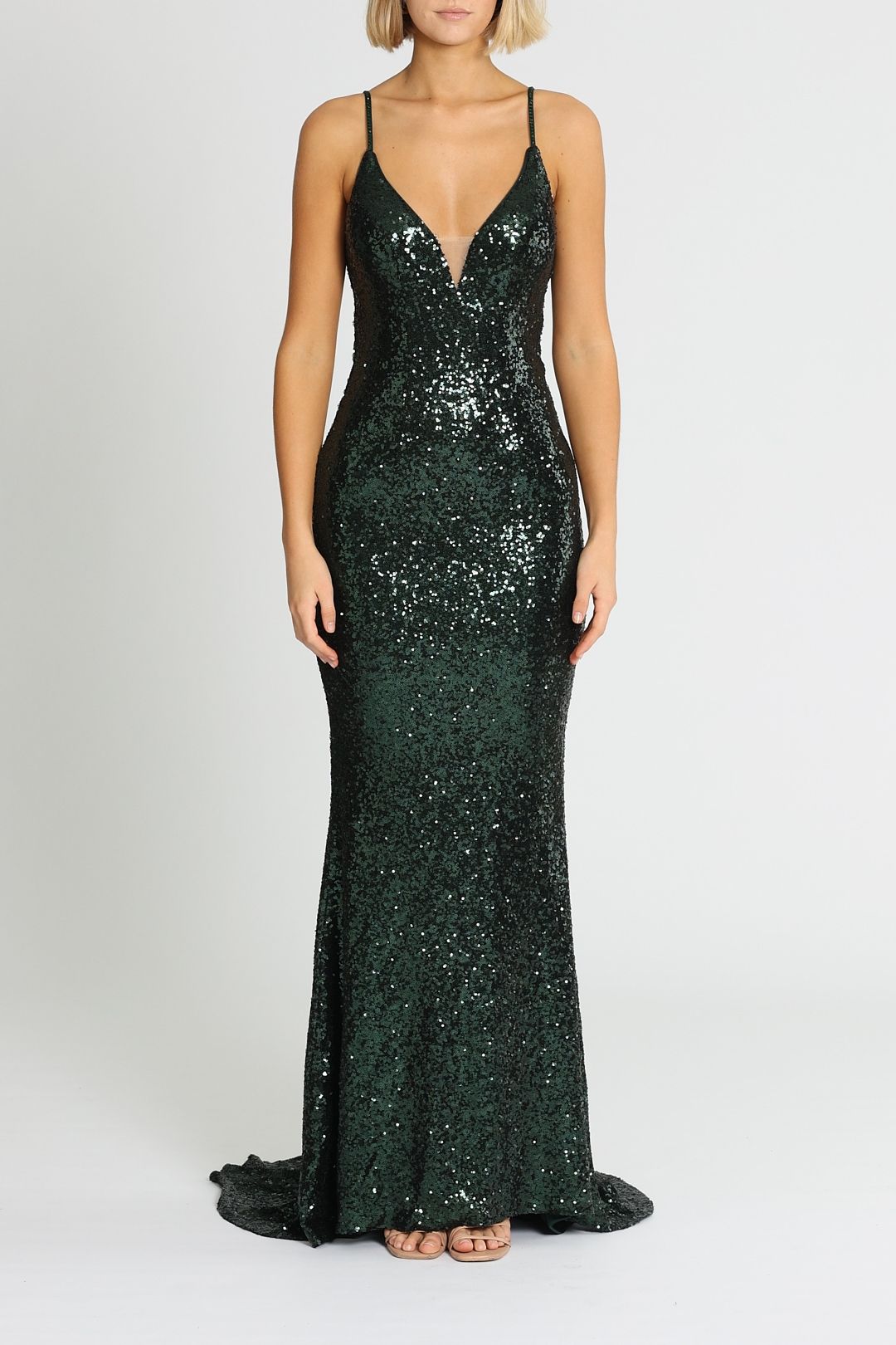 green emerald velvet dress Multi-Strap Plunge Back Cutout Gown