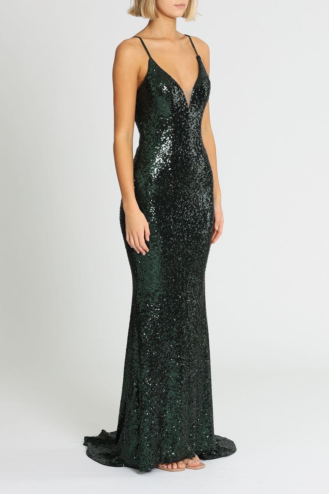 green emerald velvet dress Dark Green Halter Plunging Neck Mermaid Ruffled Prom Dress