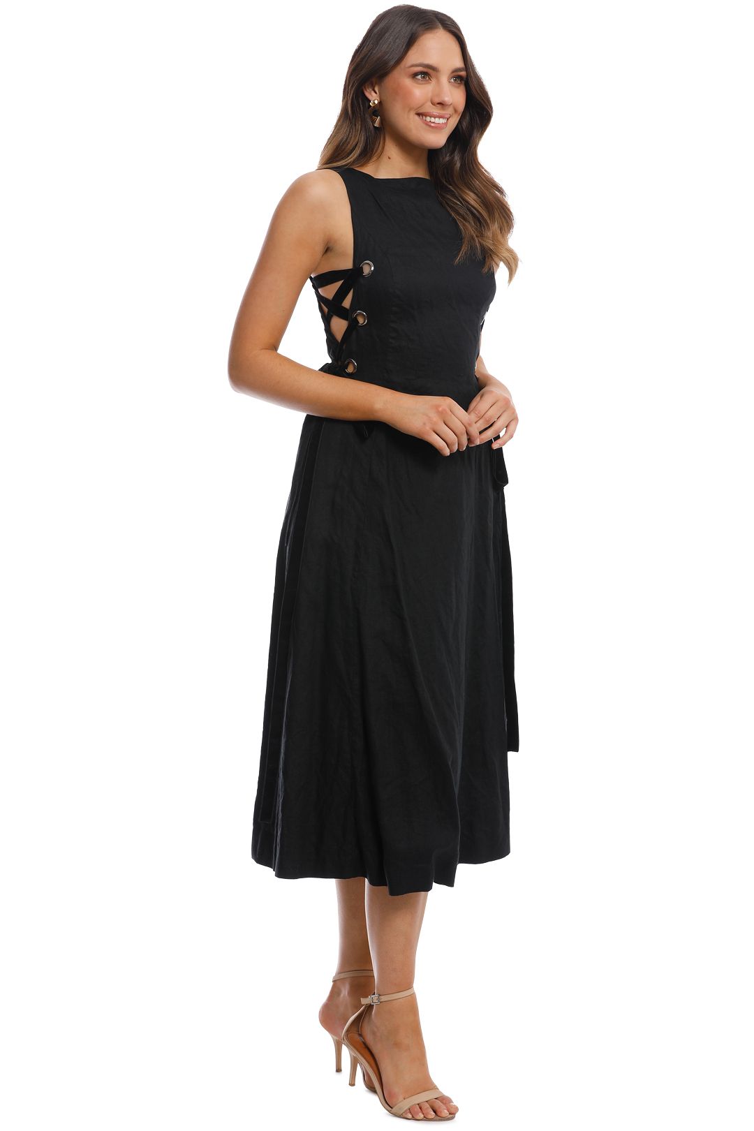 LEO LIN - Side Lacing Linen Flared Dress - Black - Side