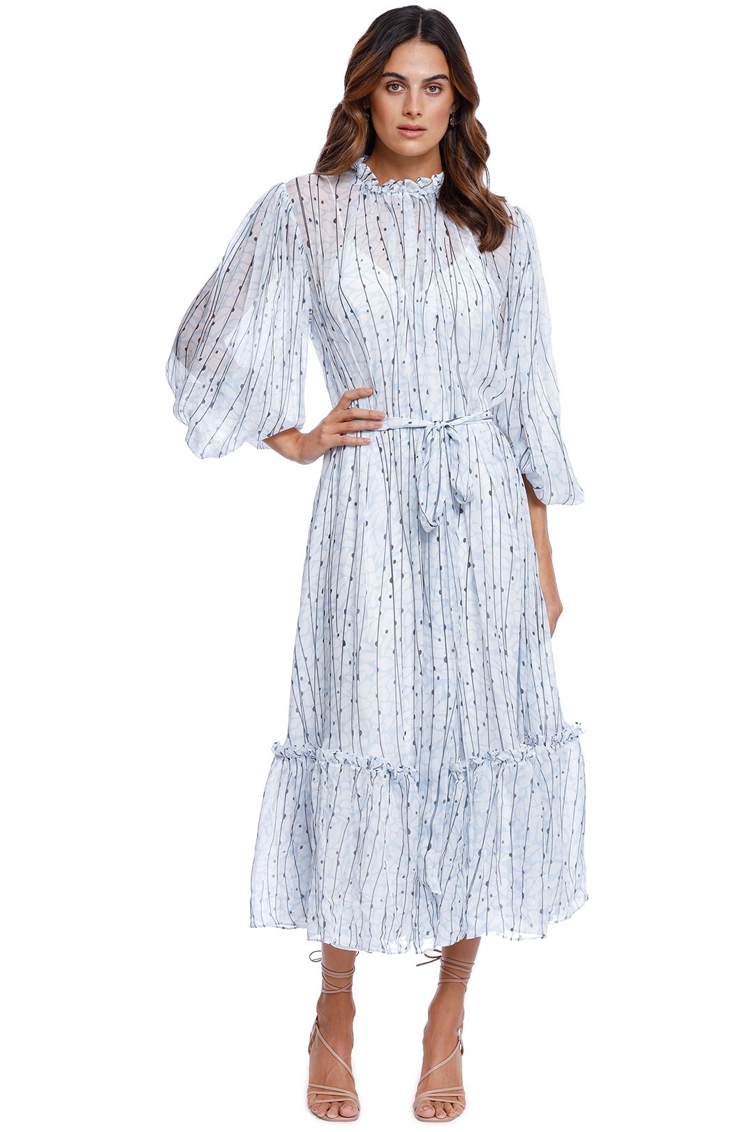 LEO LIN Azul Silk Pleated Dress Azul Blue print
