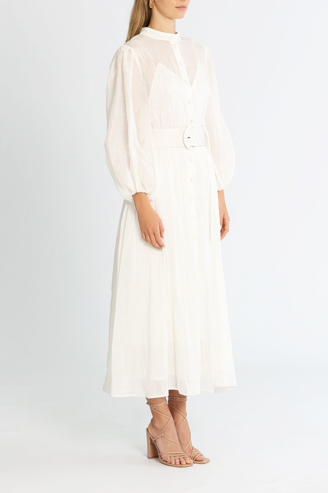 LEO LIN Valentina Silk Linen Midi Dress White Belt