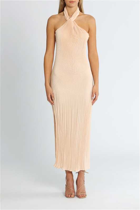 Hire Iris Halter Midi Dress in Macadamia | Bec and Bridge | GlamCorner Hire Iris Halter Midi Dress in Macadamia | Bec and Bridge | GlamCorner