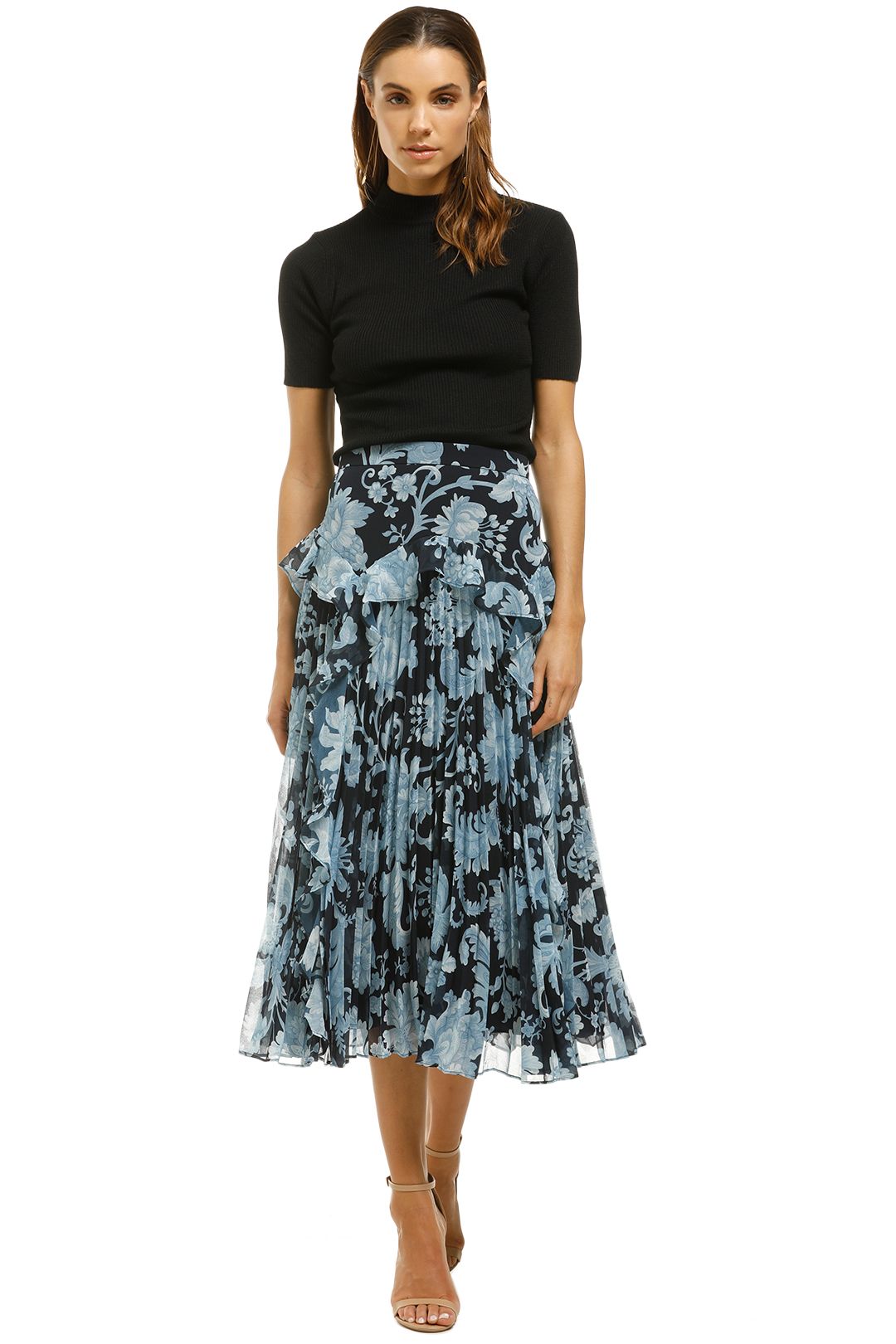 Lover-Florence-Pleat-Midi-Skirt-Navy-Front