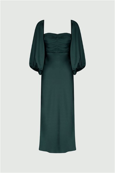 Hire Luxe Ruched Bodice Long Sleeve Midi Dress in Emerald | Shona Joy