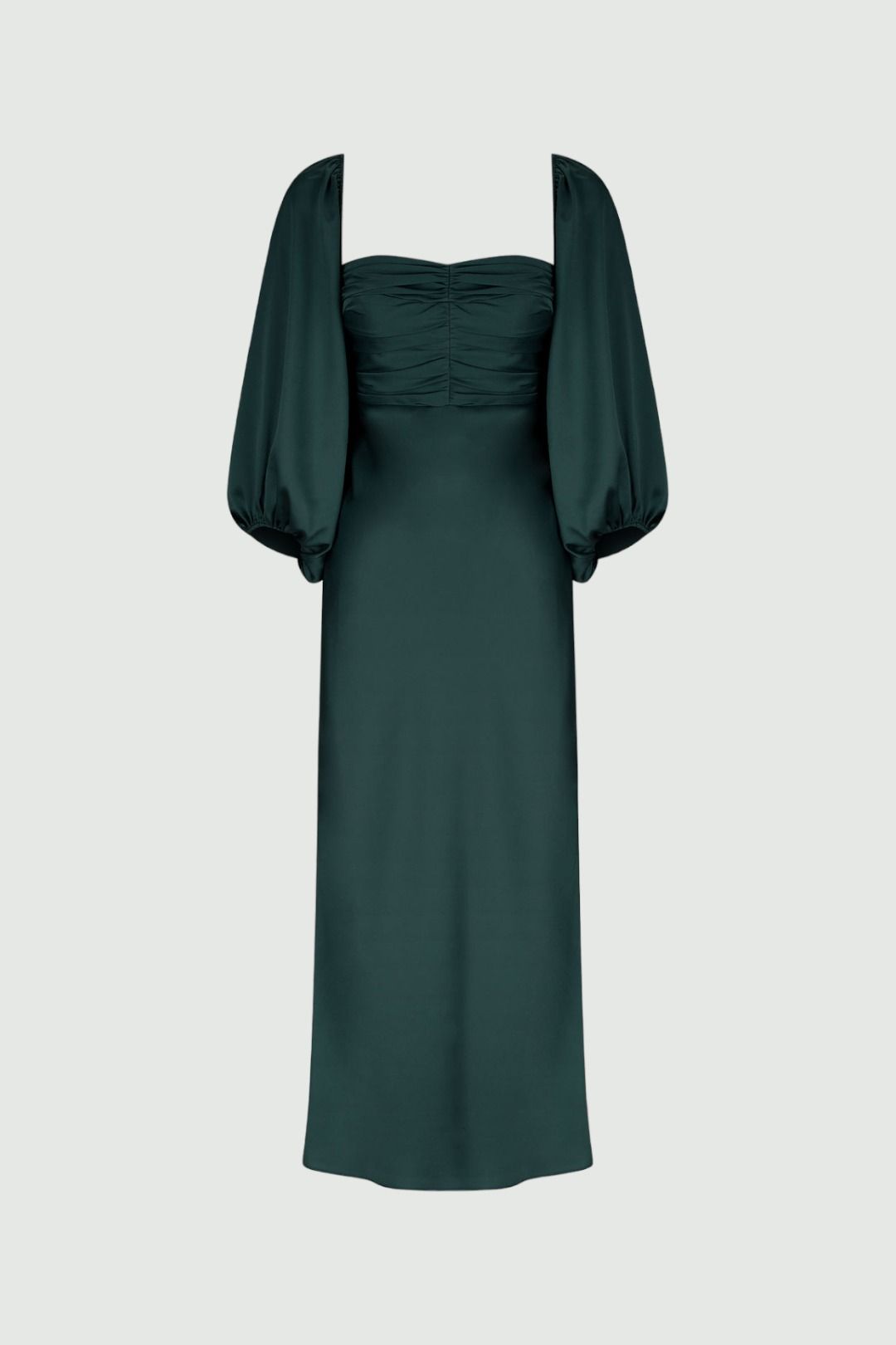 Luxe Ruched Bodice Long Sleeve Midi Dress Emerald