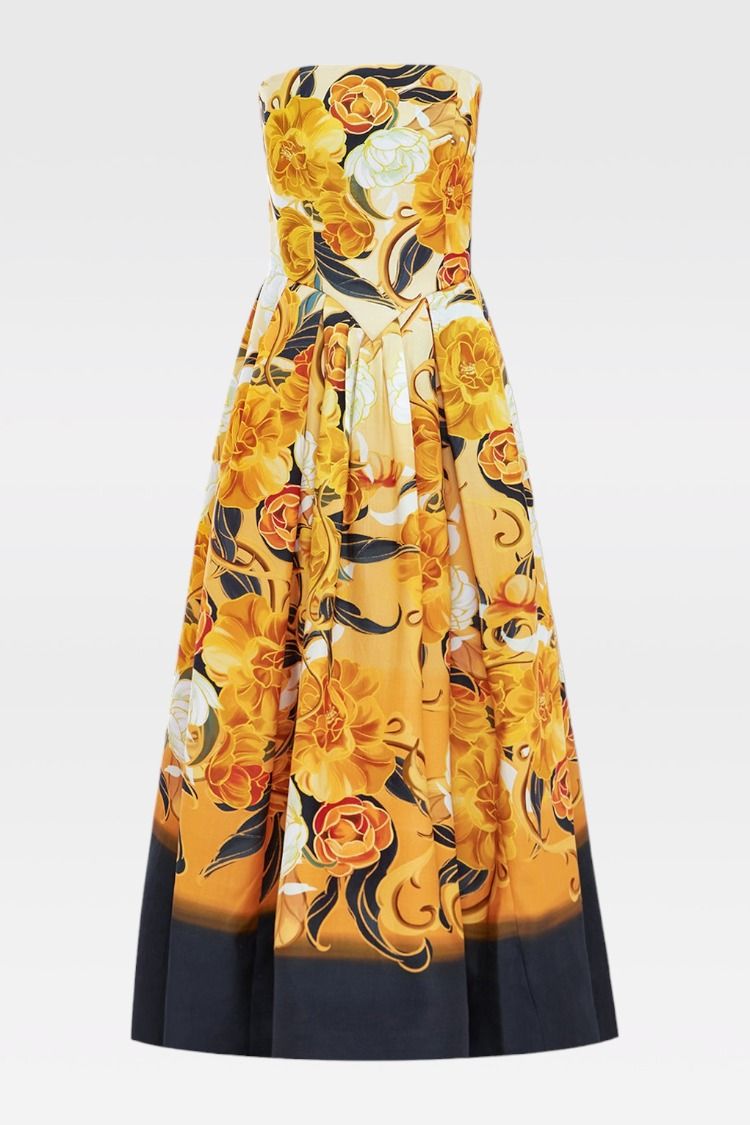 Hire Lynn Bustier Midi Dress in Adorn Print in Royal | LEO LIN | GlamCorner