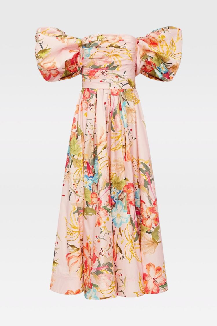 Hire Matilda Puff Sleeve Midi Dress in Blush | LEO LIN | GlamCorner