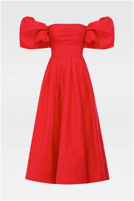 Hire Matilda Puff Sleeve Midi Dress in Scarlet | LEO LIN | GlamCorner