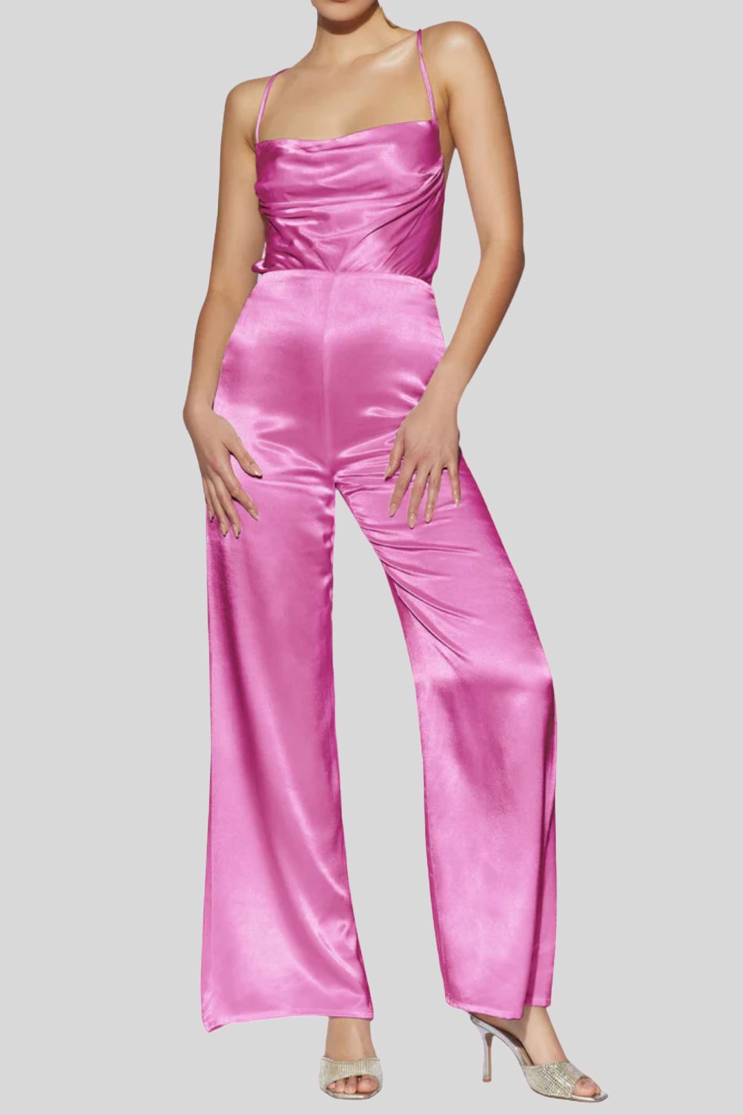 Meshki Mandie Satin Cowl Neck Jumpsuit in Pink