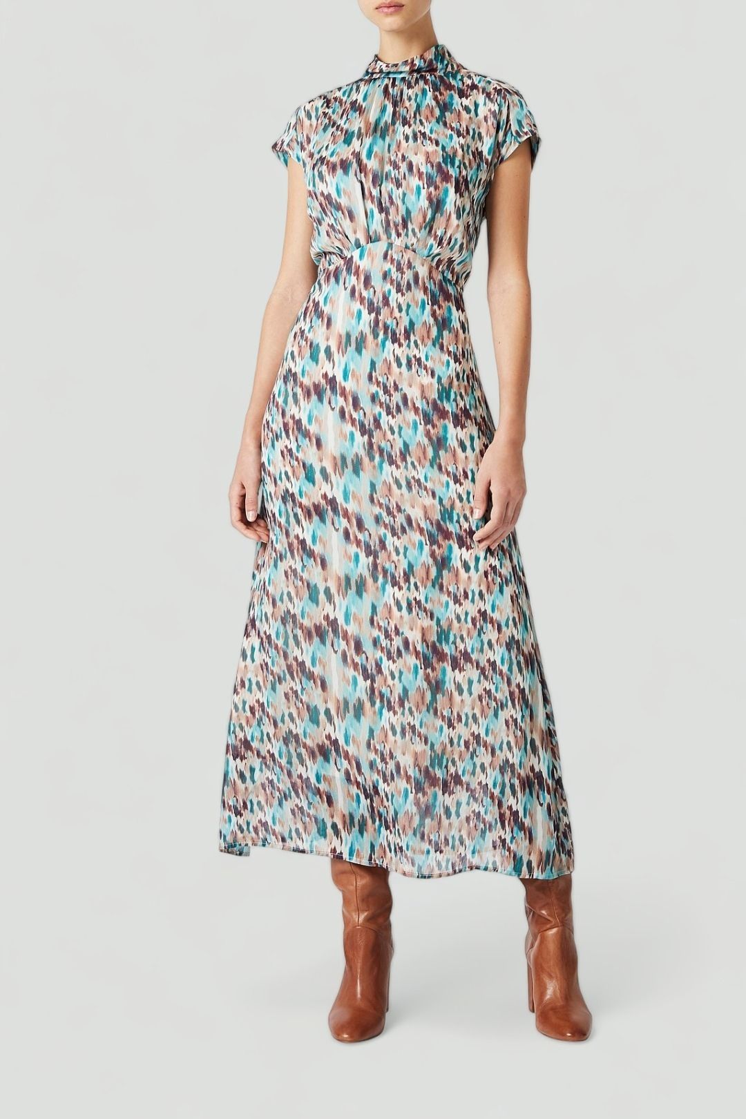 David Lawrence - Edyta High Neck Midi Dress in Abstract Print
