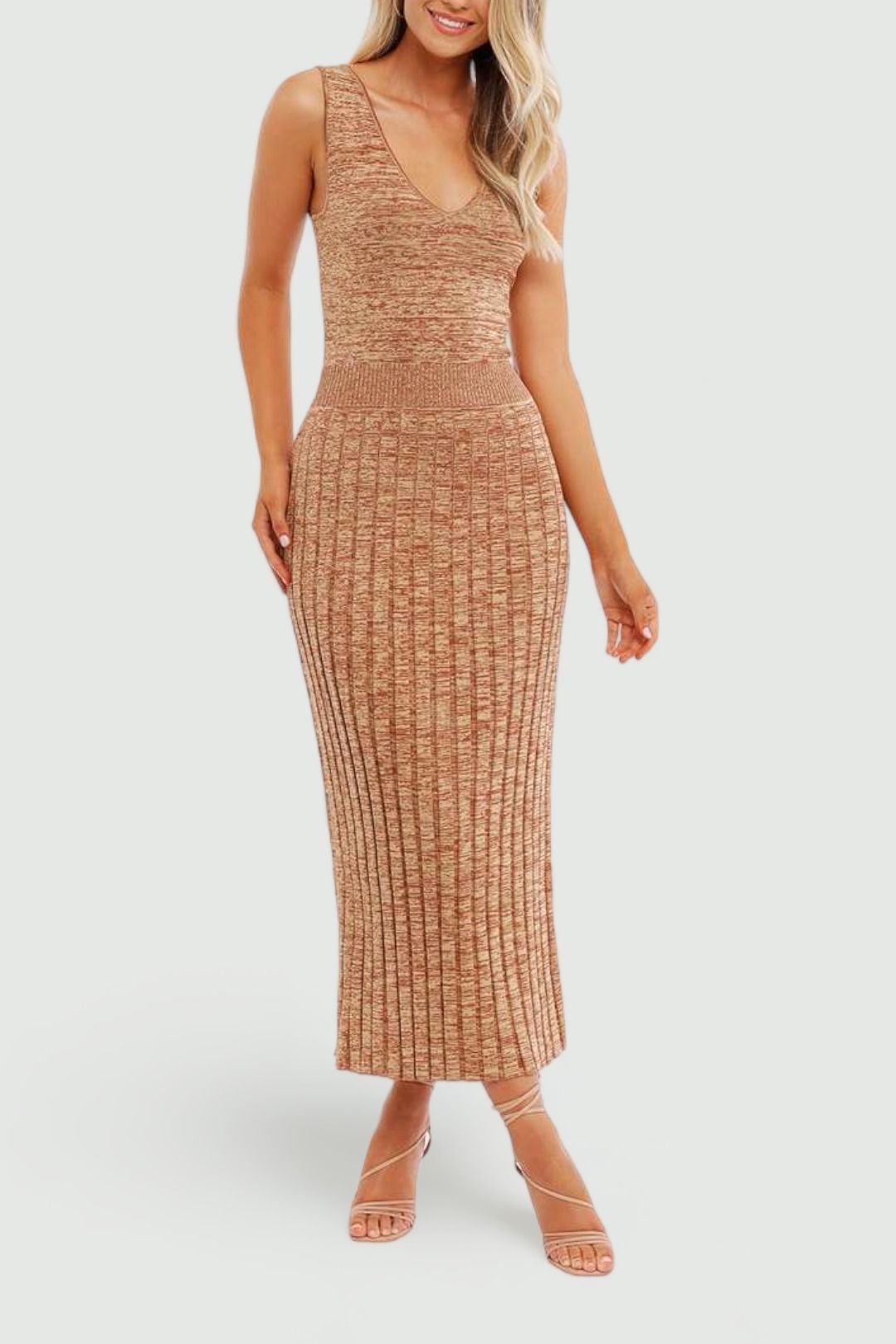 Hire Retrospective Knit Midi Dress in Copper | Ministry of Style |  GlamCorner