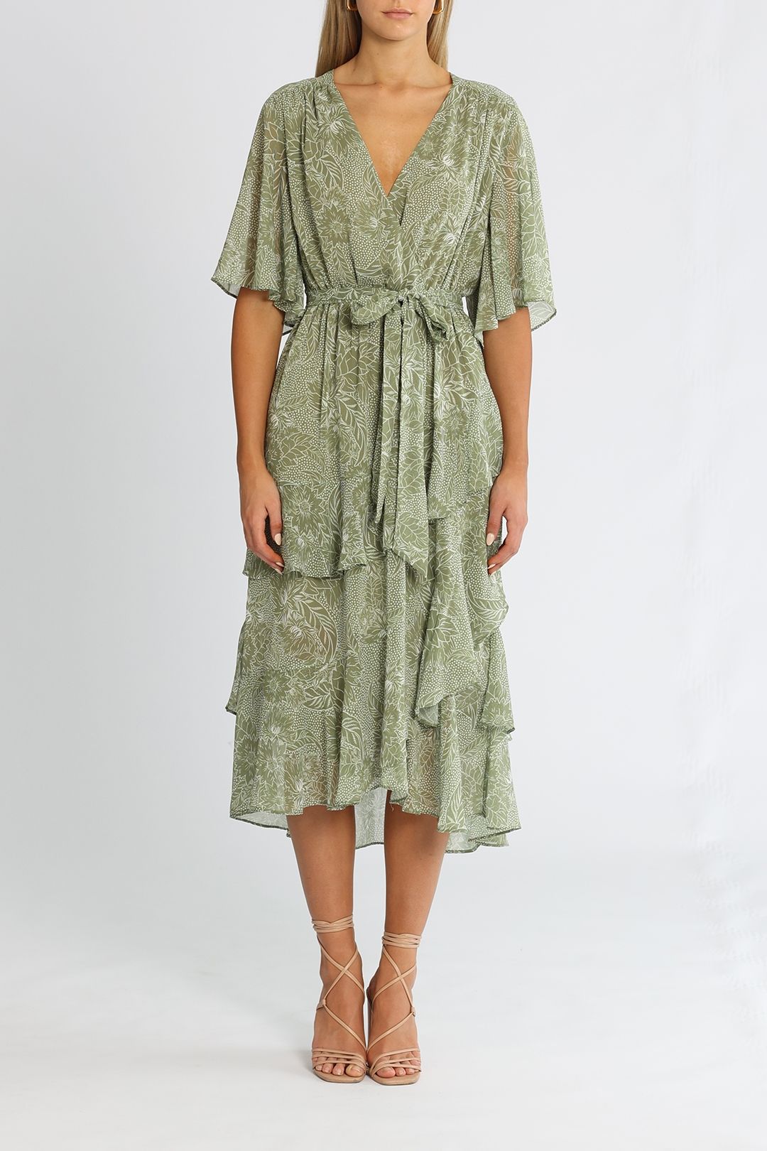 Mink Pink Linear Floral Frill Dress Midi