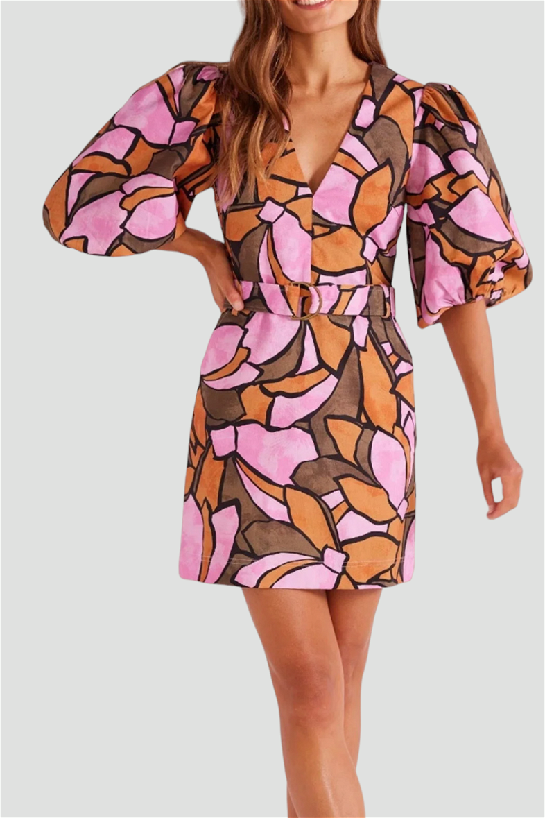 Buy Lorna Belted Mini Dress in Abstract Floral Print Mink Pink