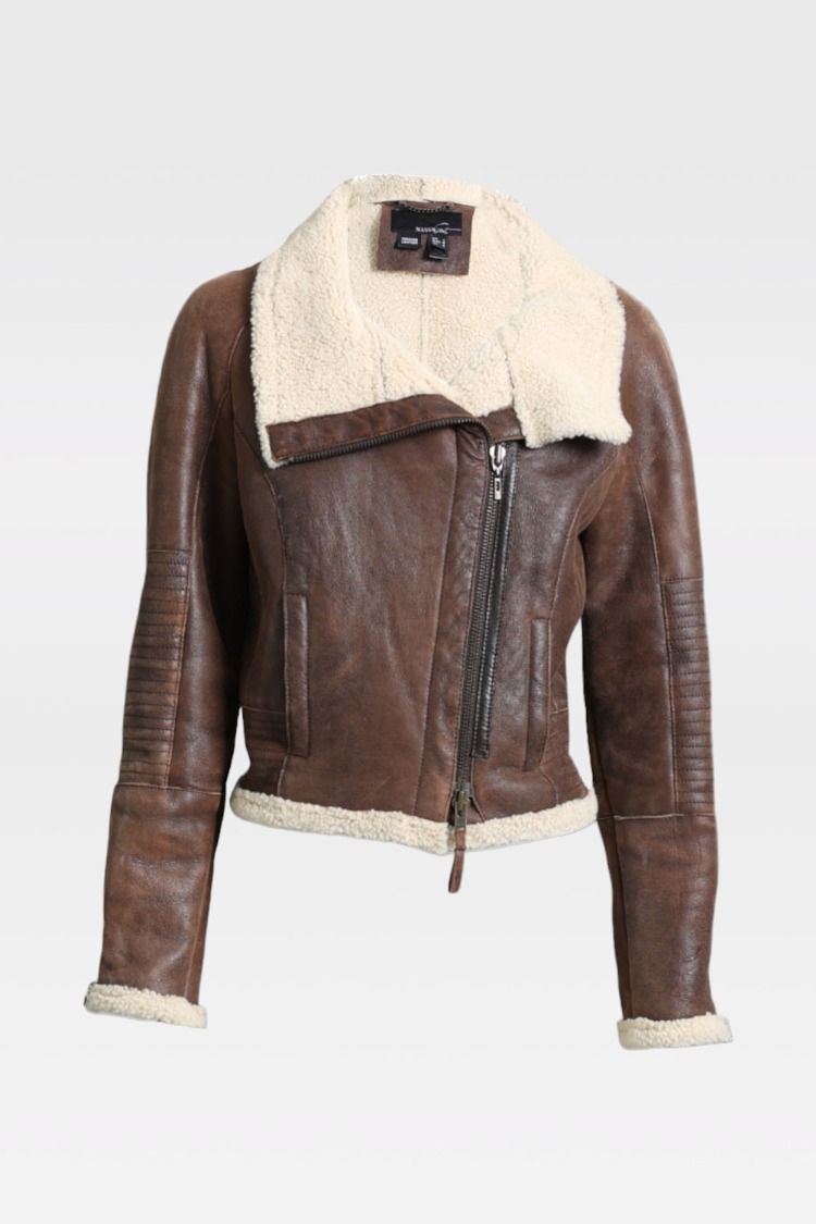 MNG Brown Leather Bomber Jacket