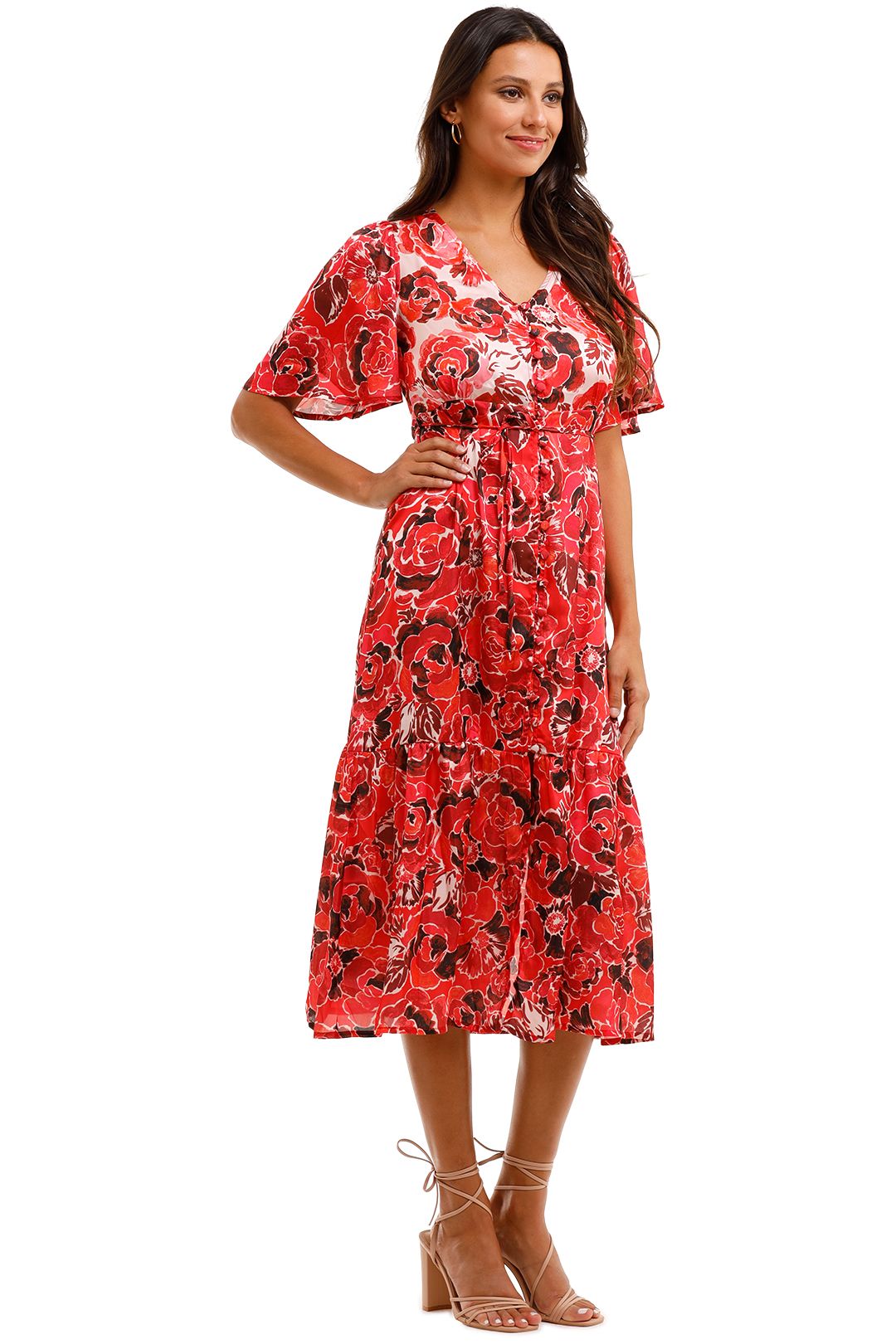 MNG Flowy Printed Dress Midi Red Floral