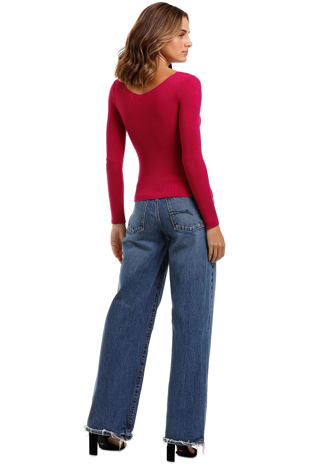 MNG V Neck Ribbed Knit Sweater Fitted