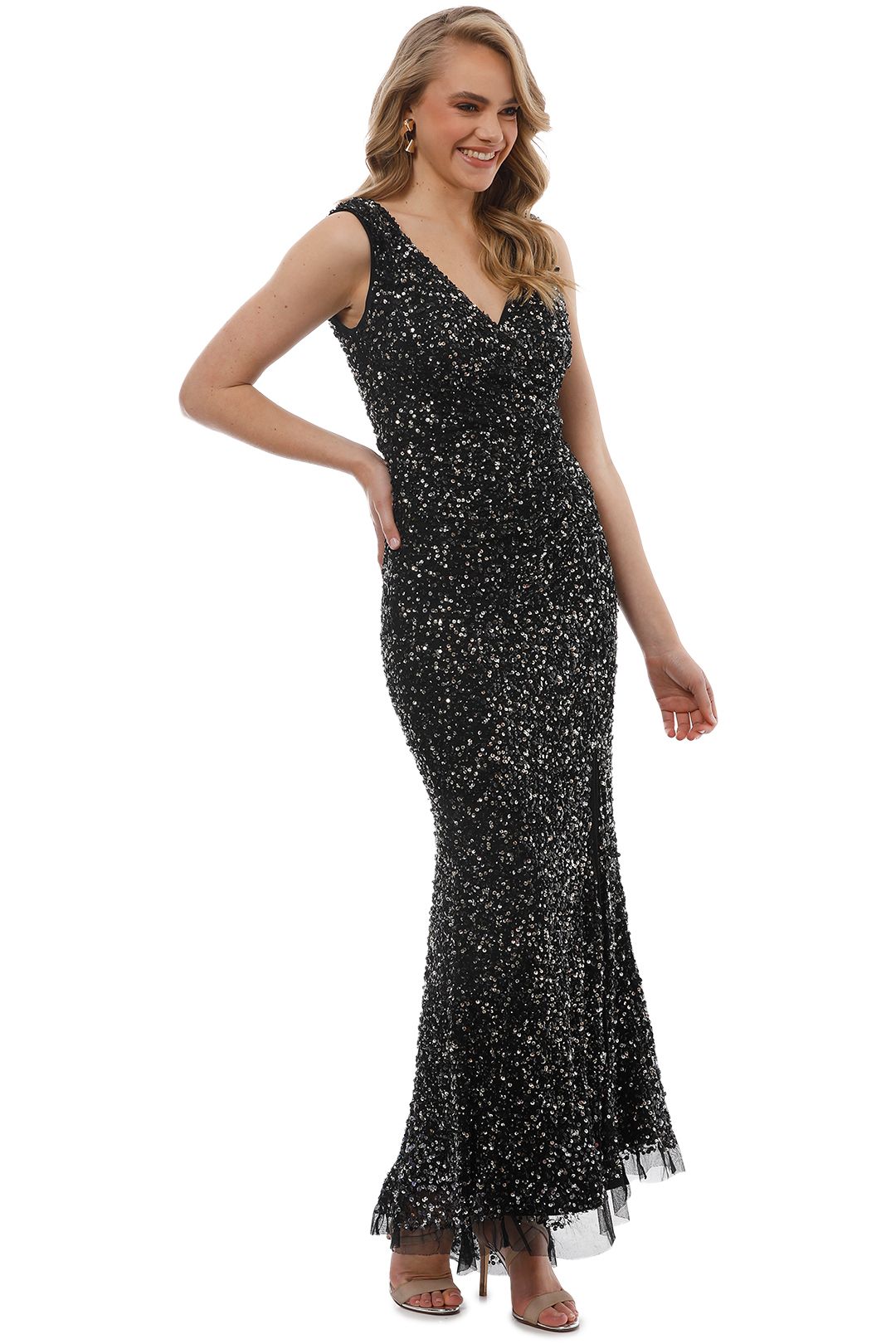 Montique - Layla Hand Beaded Dress - Gold Sequin - Side