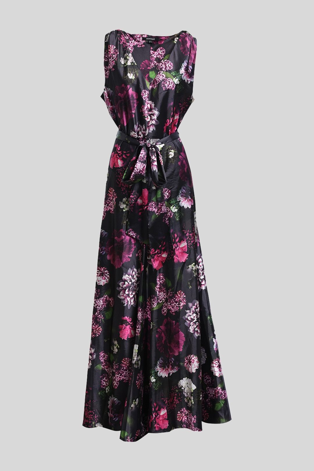 Montique - Purple Floral Print V Neck Gown