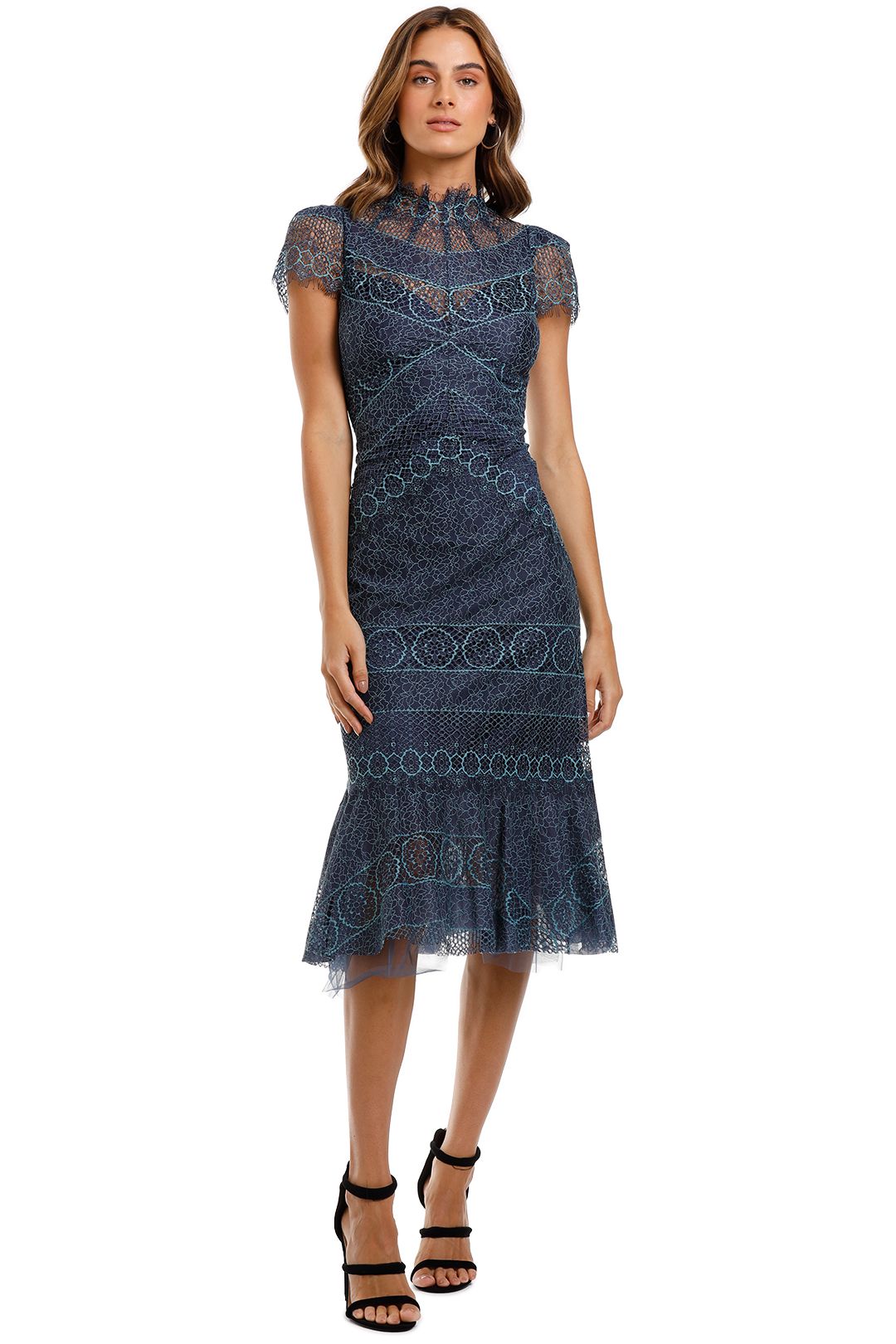Lace panel navy blue scalloped neckline jumpsuit sales