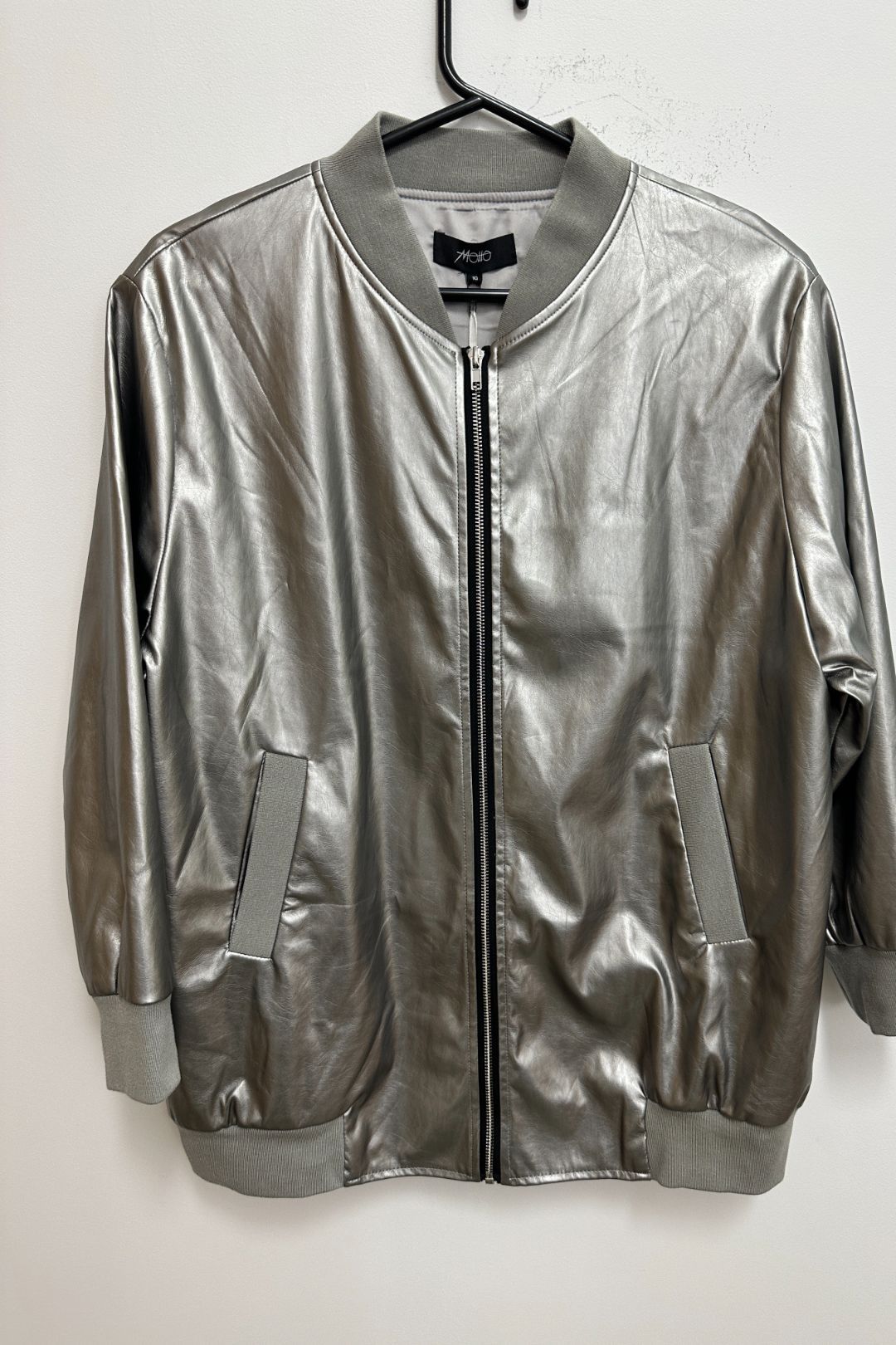 Buy Silver Vegan Leather Bomber Jacket Motto GlamCorner