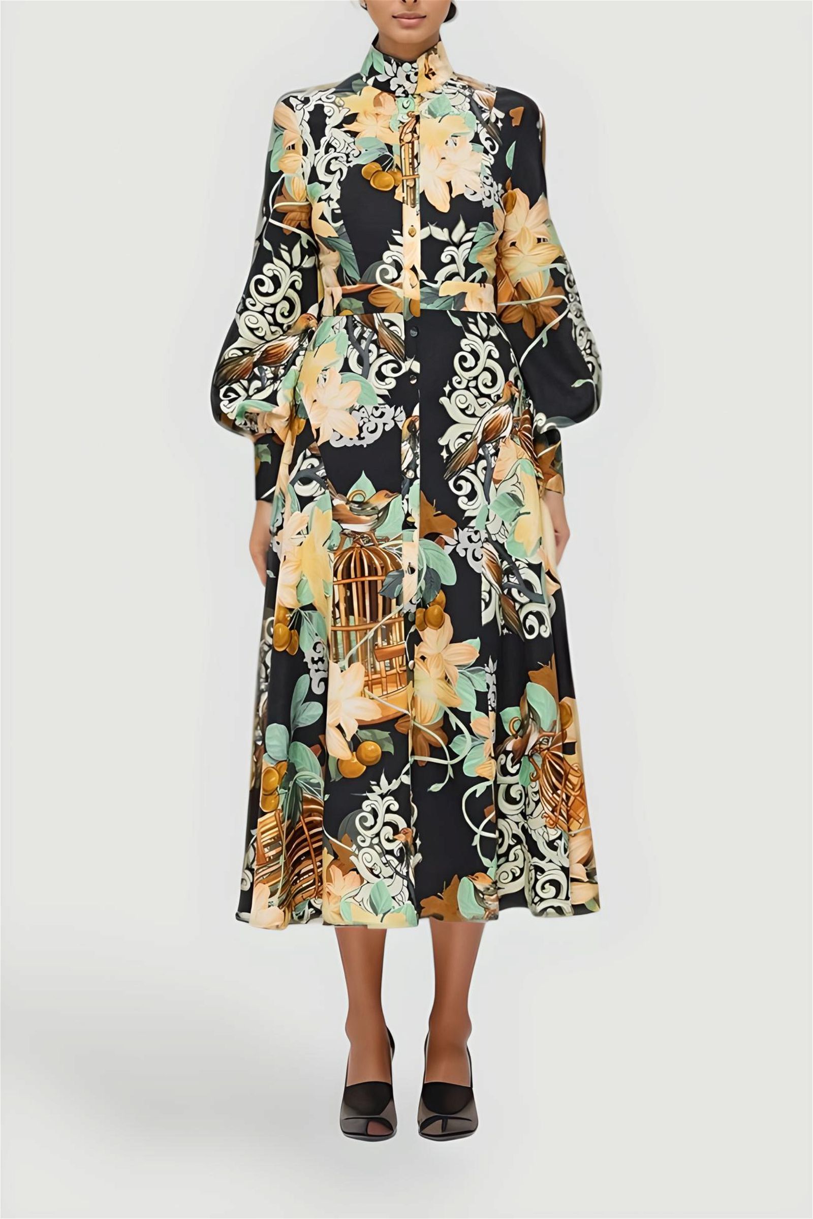 Hire Nellie Midi Dress in Azalea Print In Twilight | LEO LIN | GlamCorner