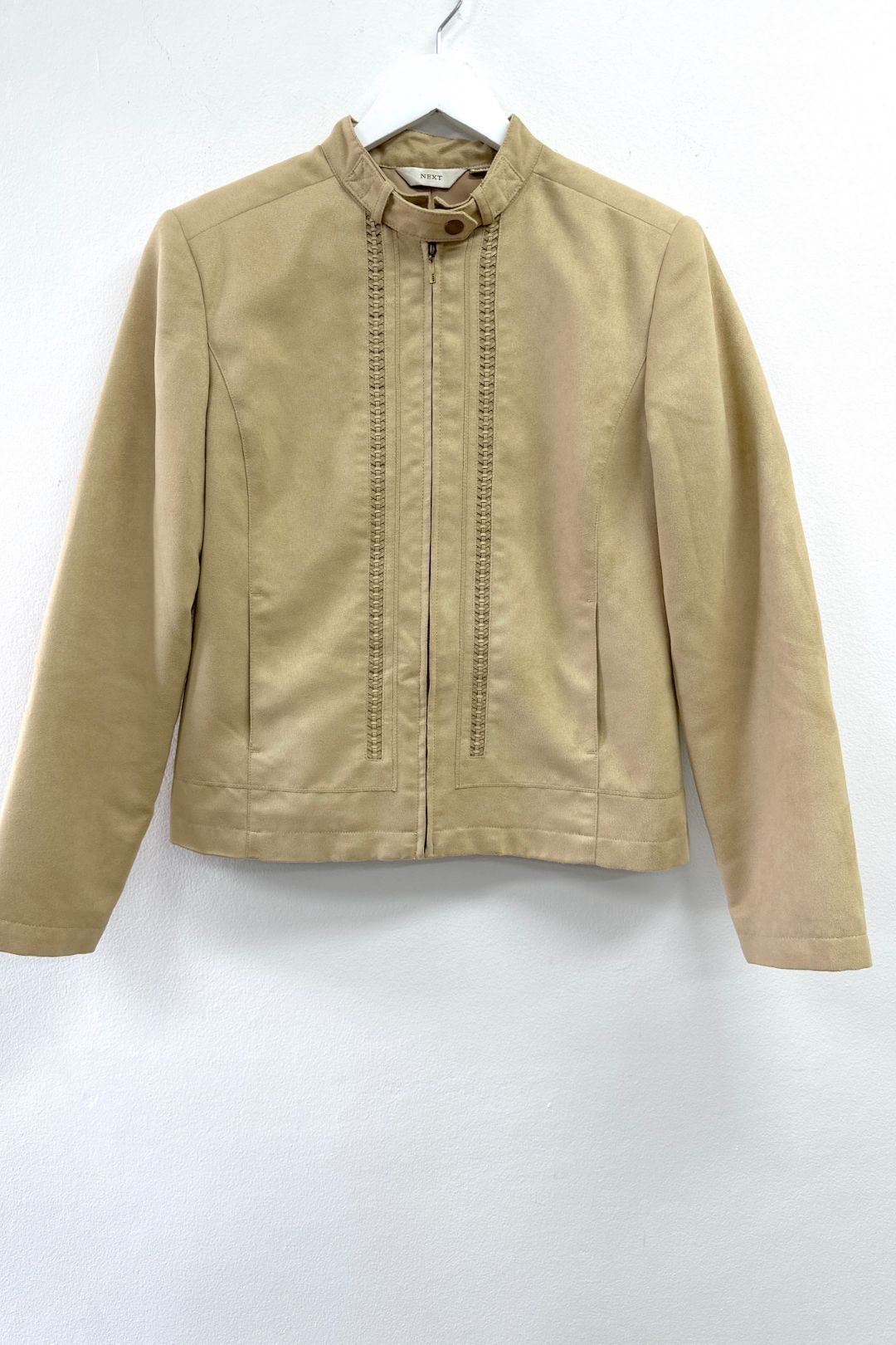 Suede collarless jacket store