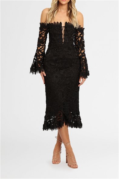 knee length dresses for ladies Tina Holly Couture T18326 Black & Nude Lace Midi Cocktail Dress main image 0