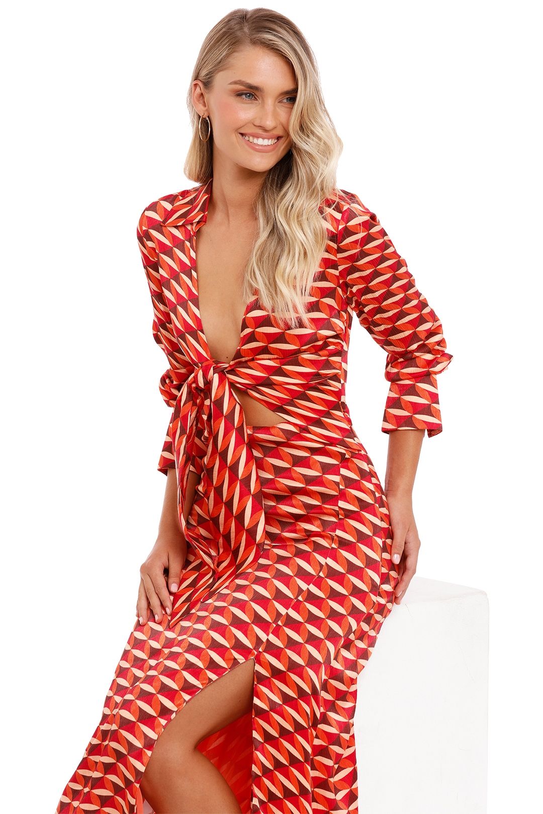 Geo border tie neck dress shop