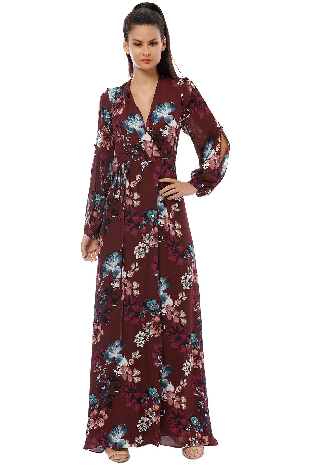 Maroon floral wrap dress cheap