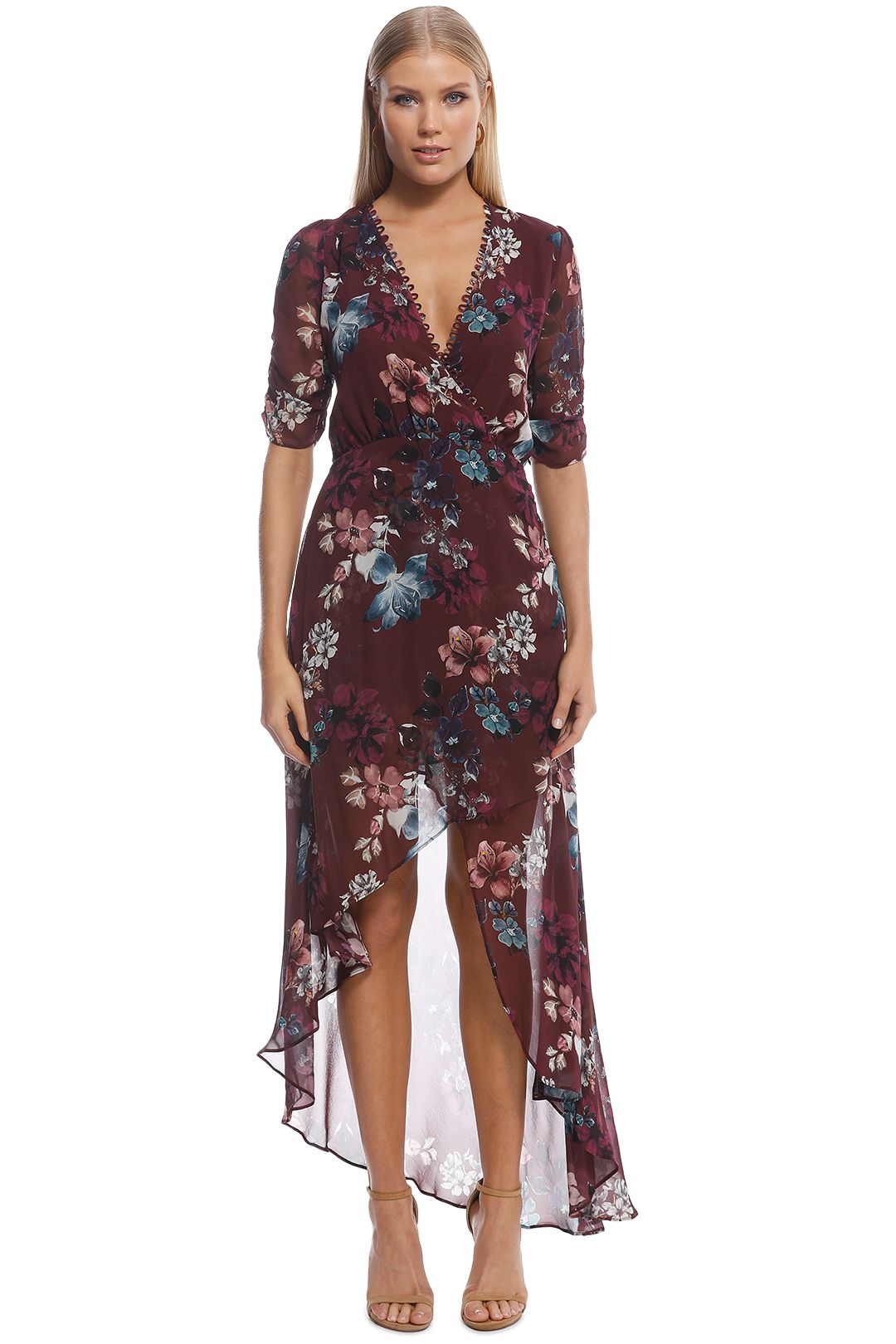 Nicholas the Label - Burgundy SS Floral Wrap Drape Dress - Burgundy - Front