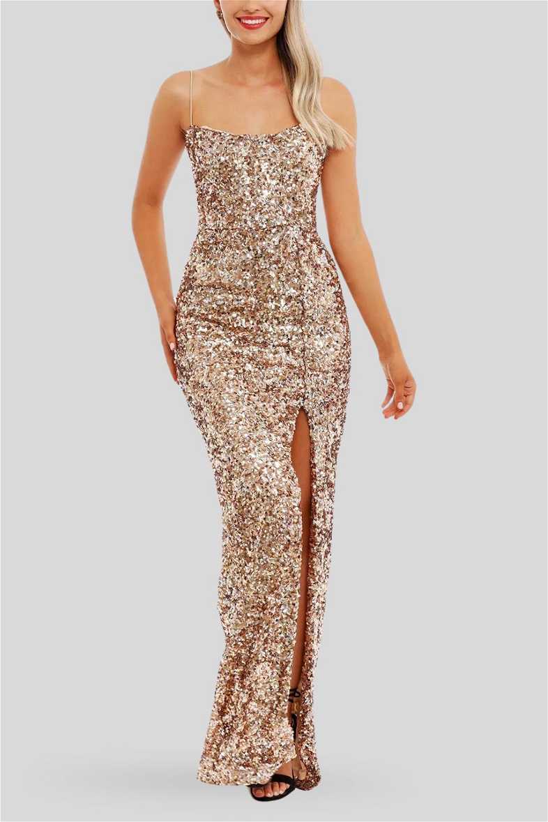V-Neck All-Over Sequin Gown with Fringe Skirt Gold main image 1