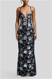 Nookie Floral Sequin Gown Black Gold Backless