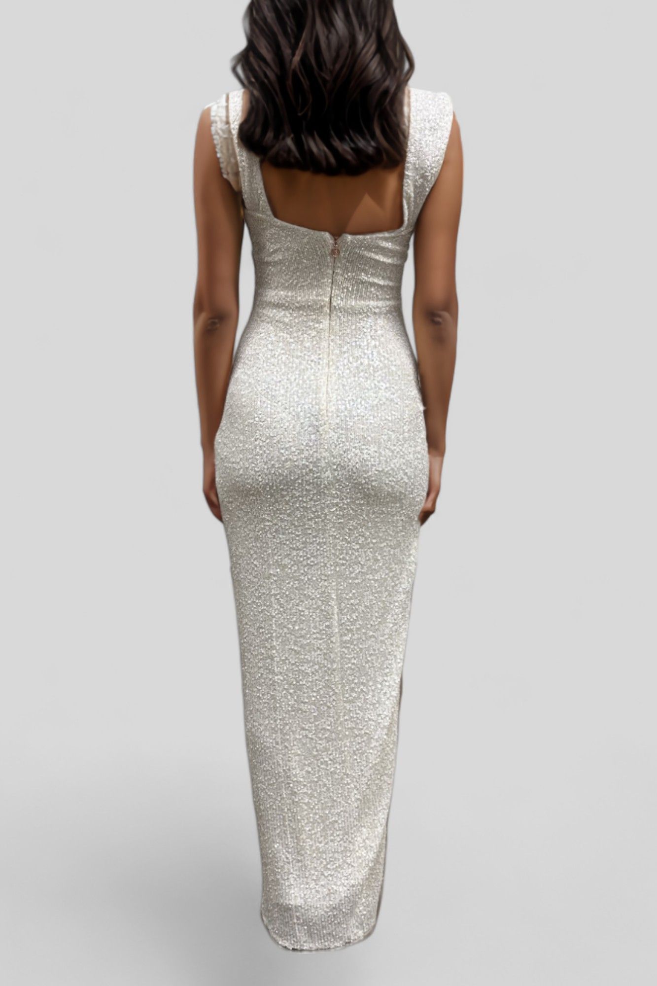 White Ruched Sequin Gown Bodycon