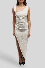 White Ruched Sequin Gown Asymmetric