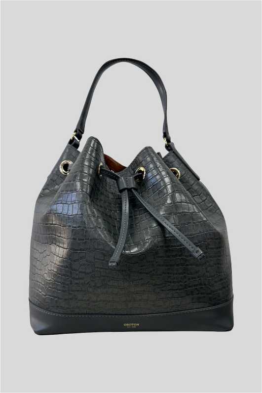 Croc-Embossed Leather Bucket Bag in Light Gray Buy Grey Croc Embossed Leather Bucket Bag | Oroton | GlamCorner main image 2