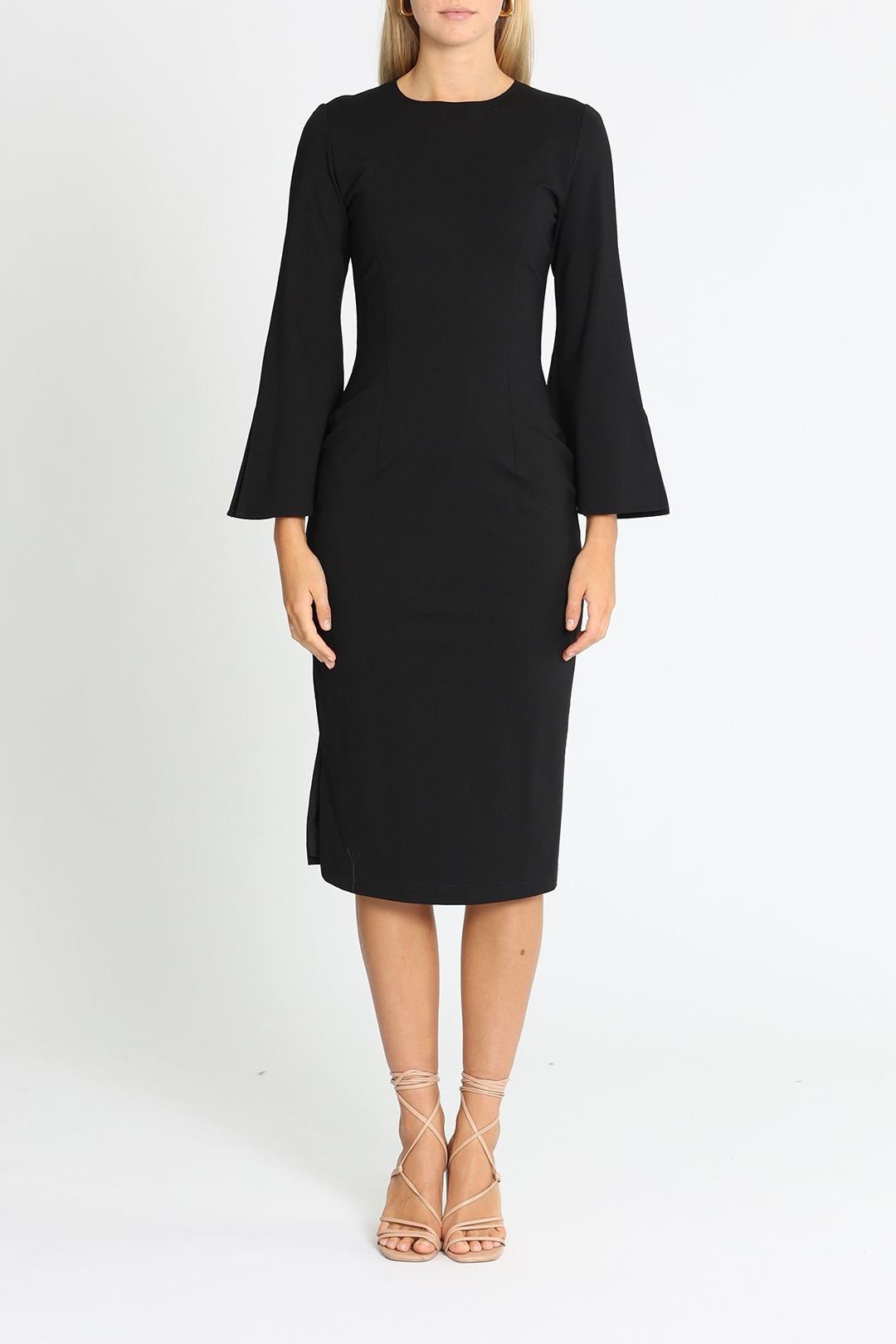 Oxford Black Midi Dress Long Sleeve Flare Sleeve