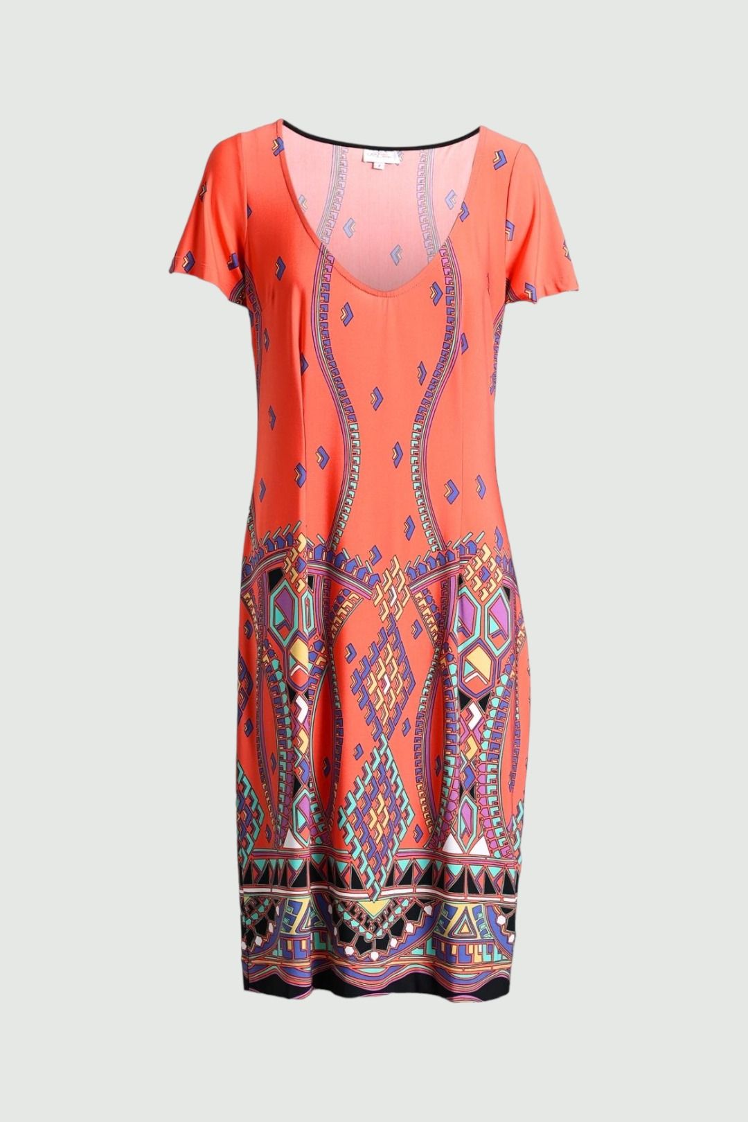 Patterned Orange Deep Scoop Shift Dress
