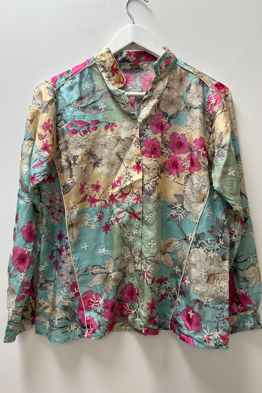 Johnny Was Permint Aphrodite Floral Print Silk Shirt