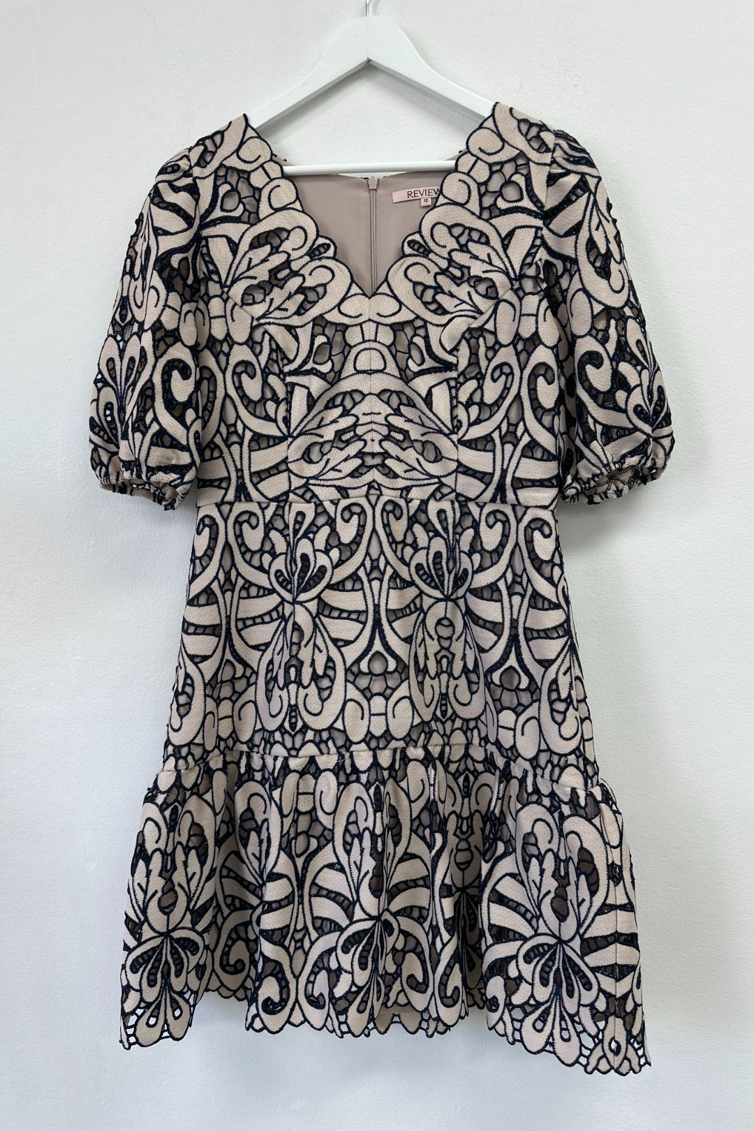 Buy Phoenix Scalloped Lace Mini Dress in Cream and Navy Review GlamCorner