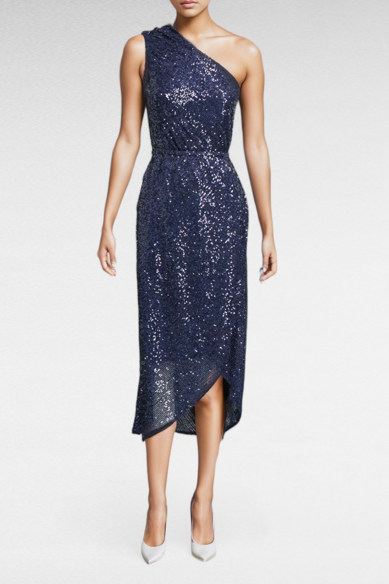 Portmans Regina One Shoulder Sequin Midi Dress Navy