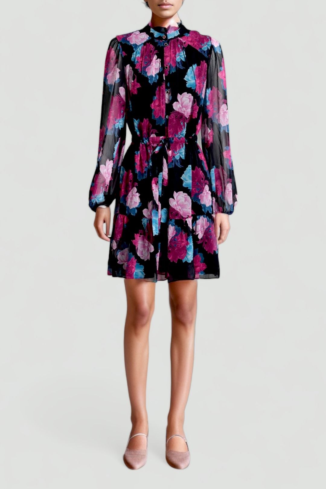 Black Pink High Neck Floral Mini Dress